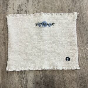 Hollister White Smocked Crop Top with Blue Floral Embroidery